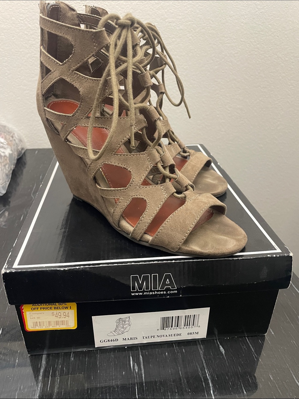 MIA Taupe Lace-Up Suede Cutout Wedge Sandals